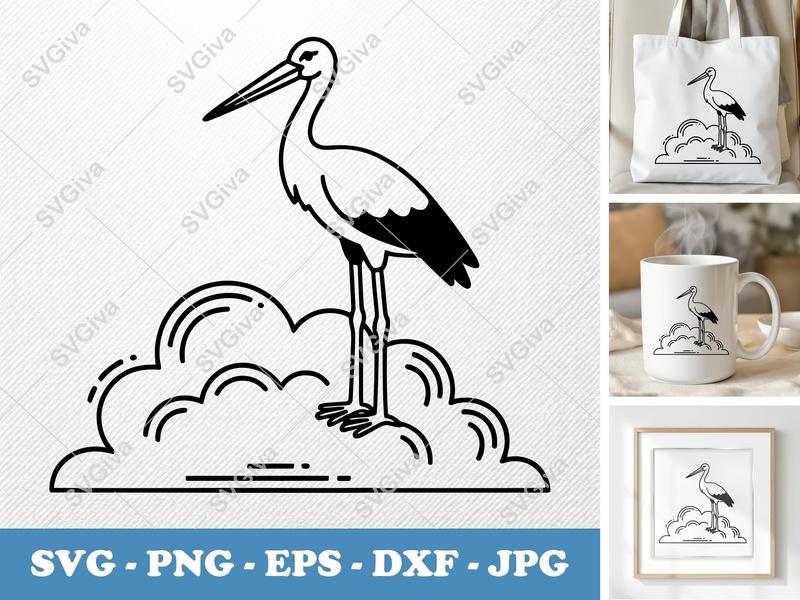 Stork SVG, Modern Stork on Cloud, Baby Shower Bird | PNG EPS DXF | Cricut & Silhouette Cut File