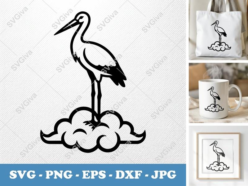Stork SVG | Modern Stork on Cloud PNG EPS DXF | Baby Arrival Cut File for Cricut, Silhouette | Newborn Gift Design