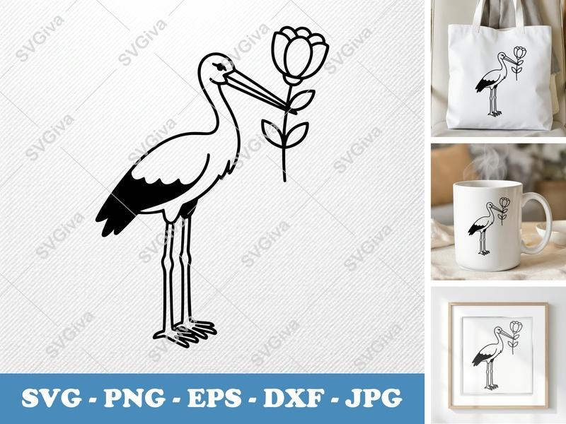 Stork SVG, Modern Stork with Flower Cut File | Baby Shower, Pregnancy, Newborn | PNG EPS DXF for Cricut, Silhouette