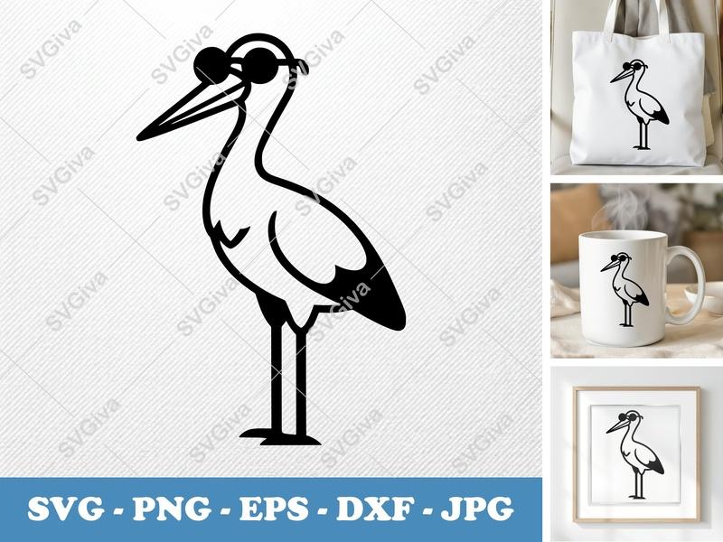 Stork SVG, Modern Stork with Sunglasses, Baby Arrival PNG, EPS, DXF | Cricut & Silhouette Cut File, Newborn Gift