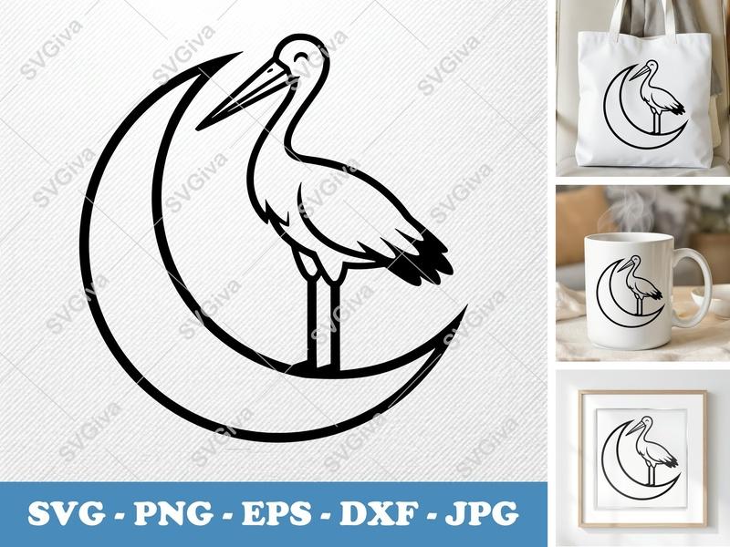 Stork SVG | Moon Bird Cut File, Modern Stork PNG EPS DXF for Cricut, Silhouette, Baby Shower Clipart