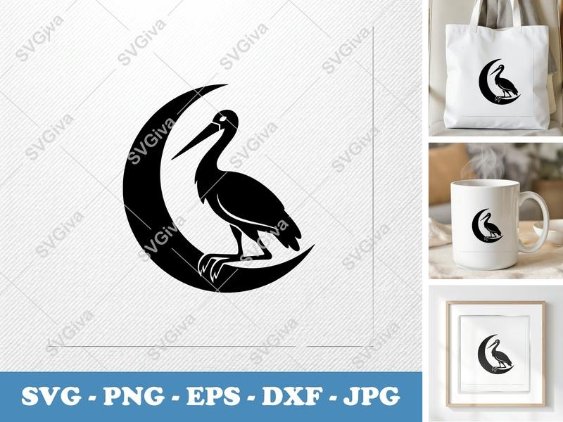 Stork SVG | Moon Crescent Silhouette, Modern Minimalist Design | PNG, EPS, DXF Cut File for Cricut & Silhouette