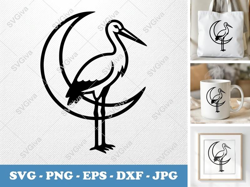 Stork SVG, Moon Stork Cut File, Celestial Bird PNG EPS DXF, Modern Stork Design for Cricut & Silhouette