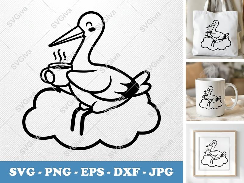 Stork SVG, PNG, DXF, EPS with Coffee Mug on Cloud | Cricut Silhouette Cut File Vector Art