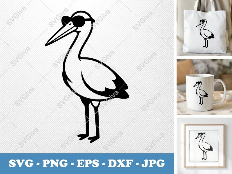 Stork SVG, Puffy Inflated Shapes, Wearing Sunglasses | PNG DXF EPS | Cricut Silhouette File