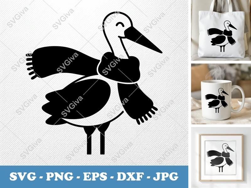 Stork SVG, Scarf Stork Cut File, Winter Bird Clipart, Happy Stork PNG EPS DXF for Cricut Silhouette