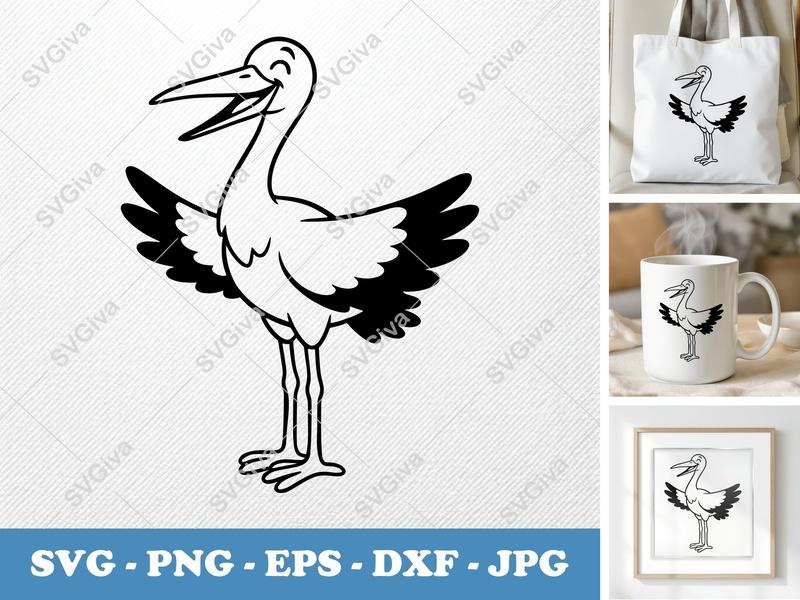 Stork SVG | Smiling Happily, Friendly Bean-Shaped Design | PNG DXF EPS | Cricut Silhouette File