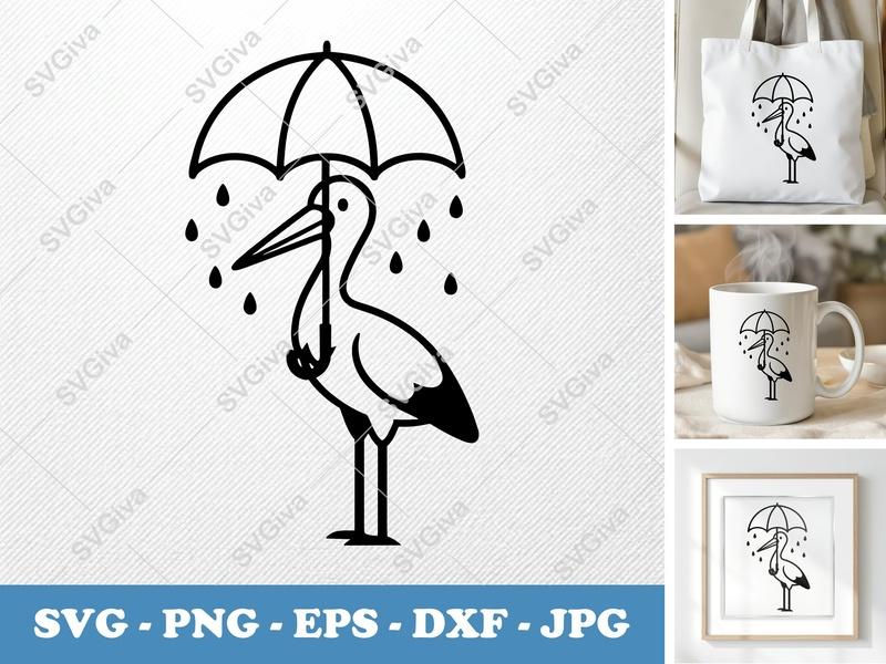 Stork SVG | Umbrella Bird Raining Outline | Nursery Decor Cut File | PNG EPS DXF for Cricut, Silhouette