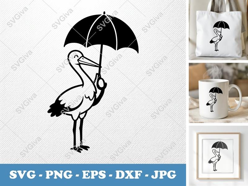 Stork SVG | Umbrella Stork Cut File, Baby Shower Clipart | PNG EPS DXF for Cricut, Silhouette | Modern Vector Art