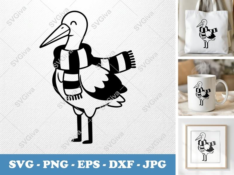 Stork SVG | Winter Scarf Stork Cut File, Baby Animal PNG EPS DXF for Cricut & Silhouette, Modern Nursery Clipart