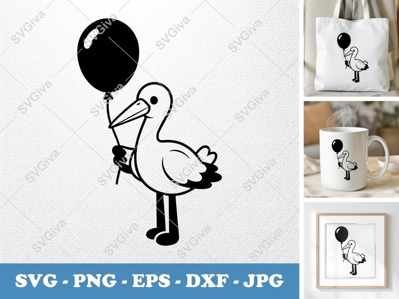 Stork SVG with Balloon | Baby Shower Cut File, Newborn PNG, EPS, DXF for Cricut & Silhouette Machines