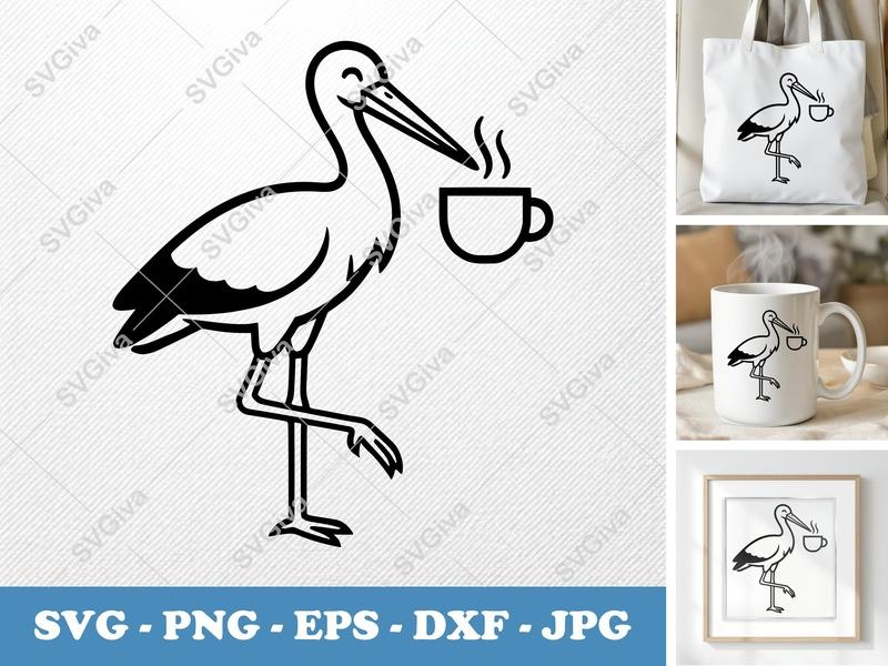Stork SVG with Coffee Cup | Modern Bird Clipart | PNG EPS DXF for Cricut, Silhouette | Cute Stork Design