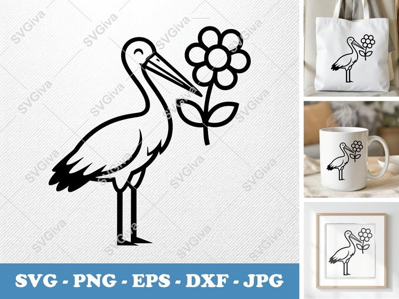 Stork SVG with Flower | Bird Line Art PNG EPS DXF | Modern Outline Clip Art for Cricut & Silhouette