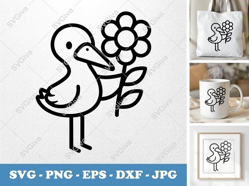 Stork SVG with Flower | Cute Stork Design | Baby Shower Cut File | PNG EPS DXF for Cricut, Silhouette