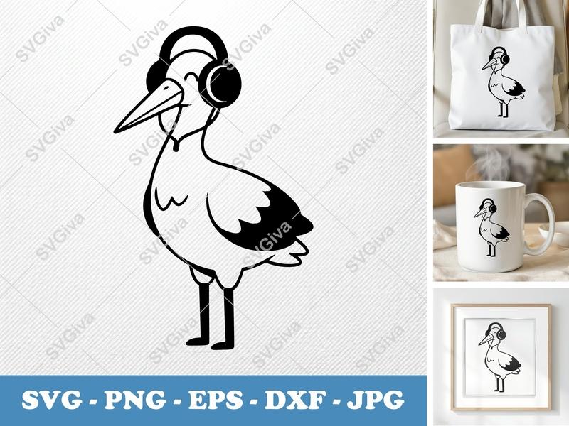 Stork SVG with Headphones | Modern Bird Cut File for Cricut, Silhouette | Music Stork PNG EPS DXF | Cute Animal Clipart