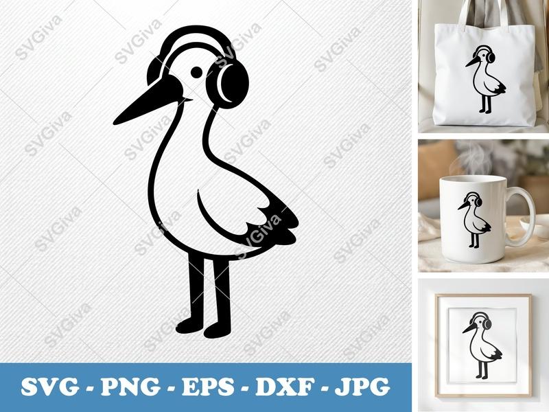 Stork SVG with Headphones | Modern Bird Cut File | Music Lover Clipart | PNG EPS DXF for Cricut & Silhouette