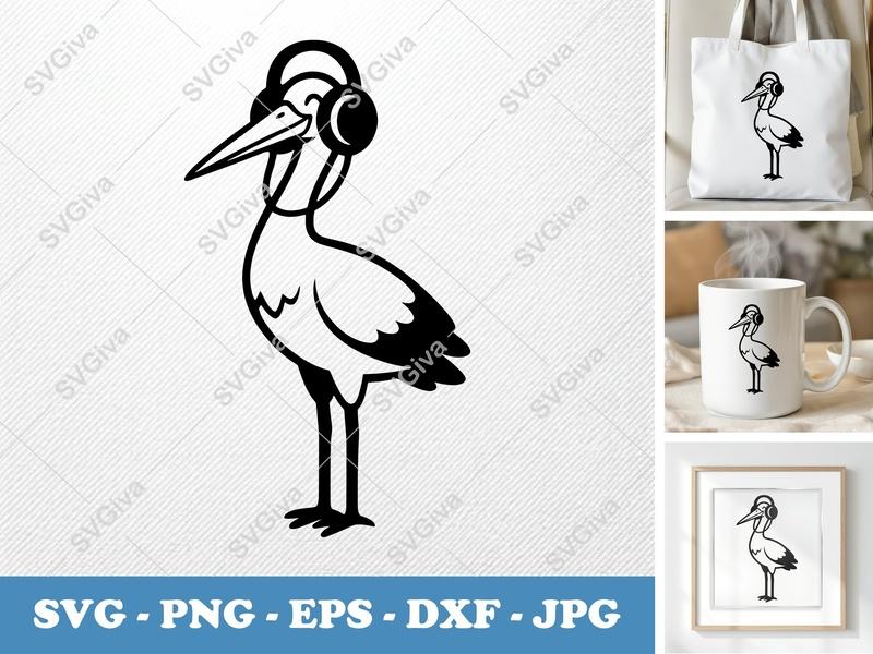 Stork SVG with Headphones | Modern Bird Cut File | PNG EPS DXF for Cricut & Silhouette | Music Lover Animal Clipart