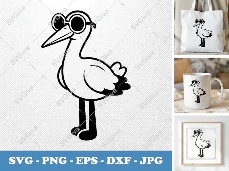 Stork SVG with Sunglasses | Cool Bird Cut File | Modern Baby Shower Clipart | PNG EPS DXF for Cricut & Silhouette