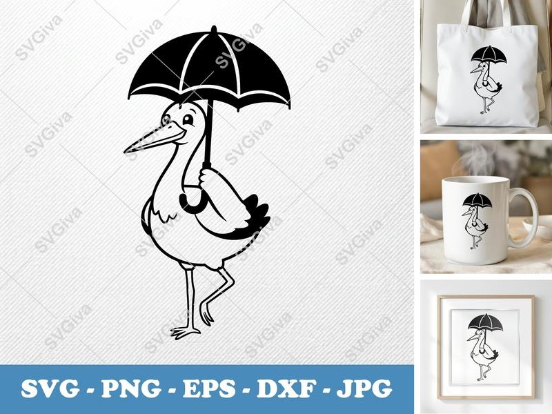 Stork Umbrella SVG | Bird Cut File PNG DXF EPS Cricut Silhouette Digital Download