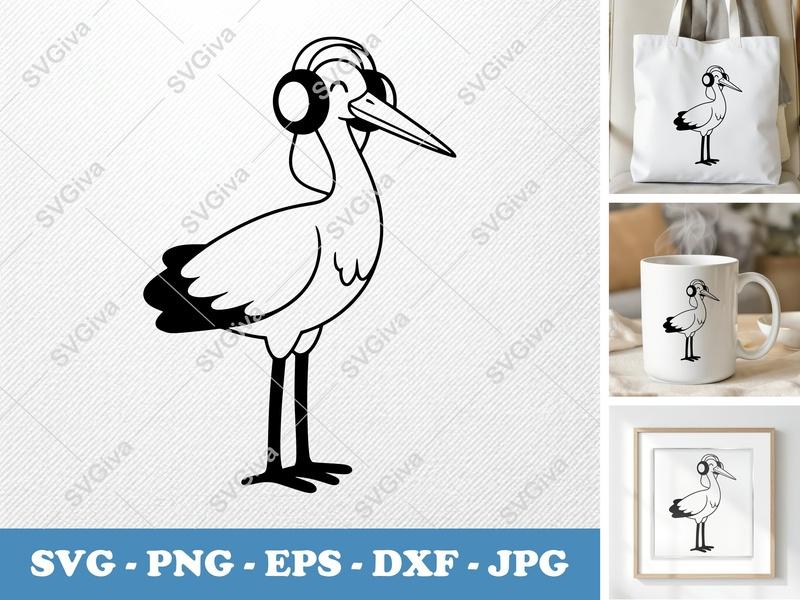 Stork Wearing Headphones SVG | Puffy Pillow Shapes | PNG DXF EPS | Cricut Silhouette File