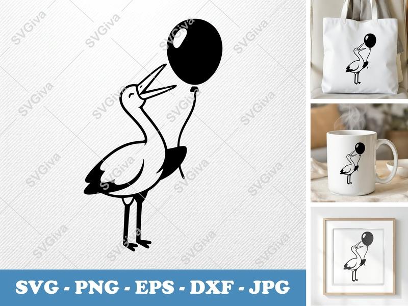 Stork with Balloon SVG | Puffy Inflatable Style Cut File | PNG DXF EPS for Cricut Silhouette Nursery Decor