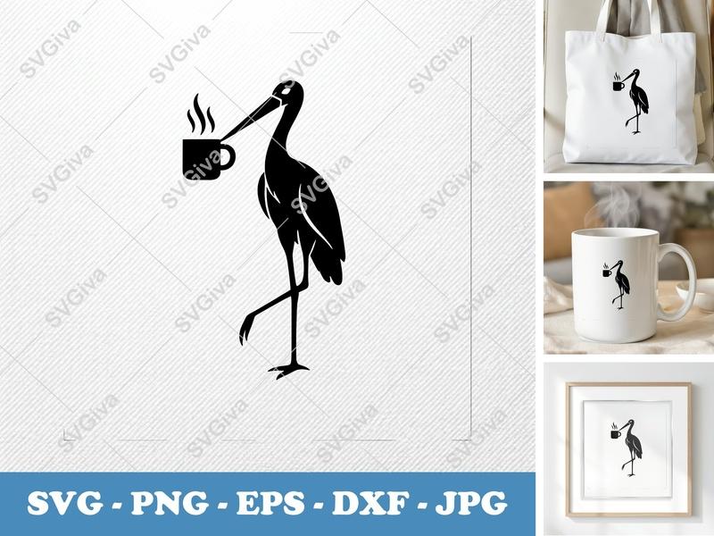 Stork with Coffee Cup SVG | Bold Minimalist Vector | PNG DXF EPS | Cricut Silhouette File