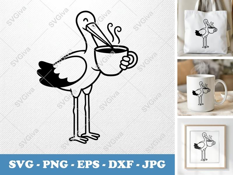Stork with Coffee Cup SVG PNG DXF EPS | Coffee Lover Cut File Cricut Silhouette | Bird Hot Drink Design