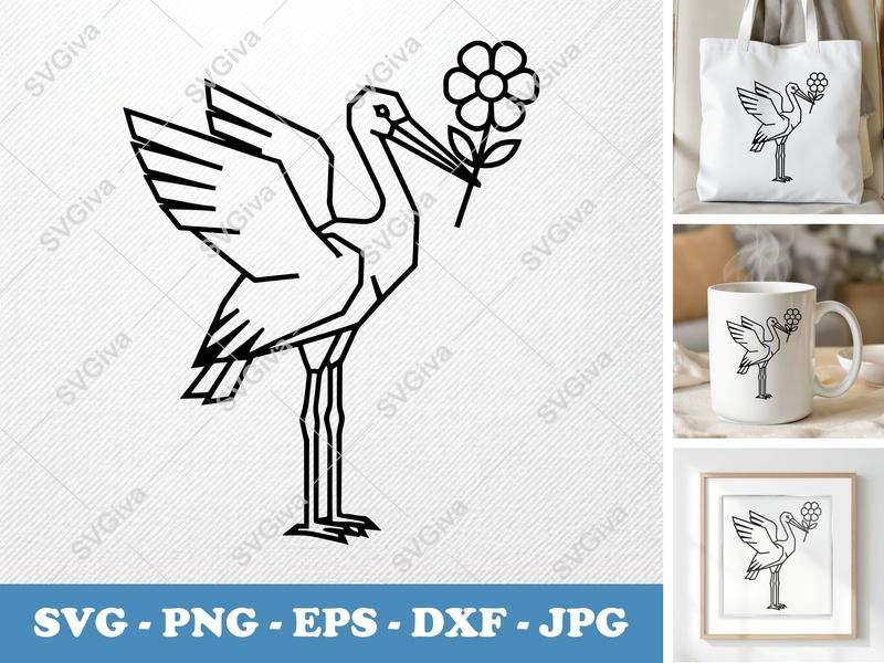 Stork with Flower SVG | Geometric Double-Outline Cut File | PNG DXF EPS | Cricut Silhouette Minimalist Design