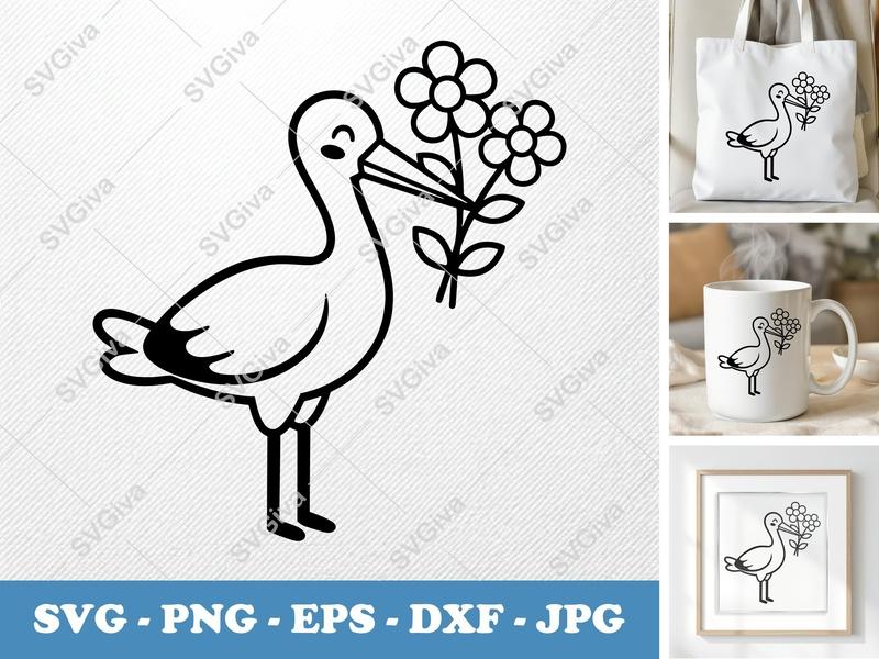 Stork with Flower SVG PNG DXF EPS | Baby Bird Cricut Silhouette Cut File