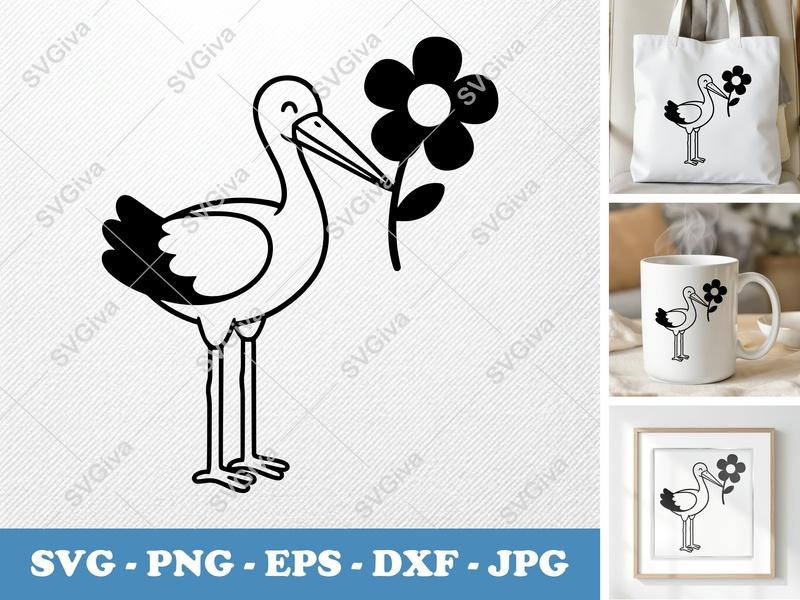 Stork with Flower SVG PNG DXF EPS | Baby Stork Cut File Cricut Silhouette Vector