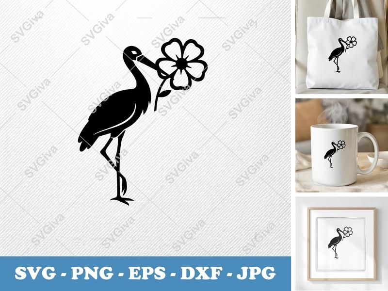 Stork with Flower SVG | Simple Minimalist Cut File | PNG DXF EPS | Cricut Silhouette Design