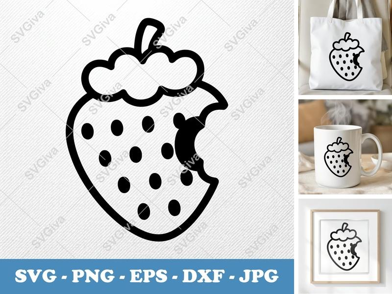 Strawberry Bitten SVG, Modern Fruit PNG, EPS, DXF Cut File for Cricut & Silhouette, Berry Clipart, Food Outline Design