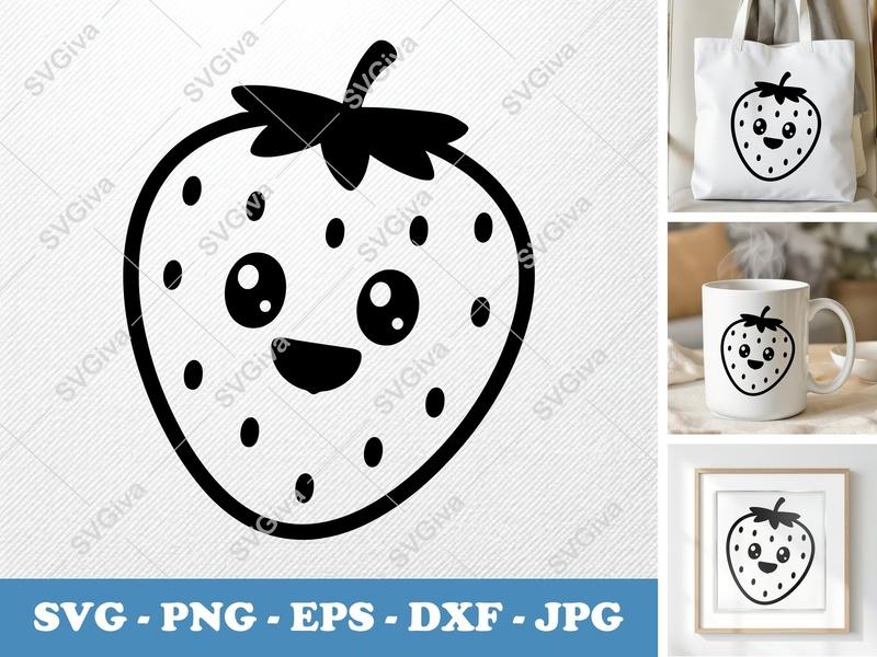 Strawberry Kawaii SVG, Cute Fruit PNG, EPS, DXF Cut File for Cricut & Silhouette, Happy Berry Clipart Vector