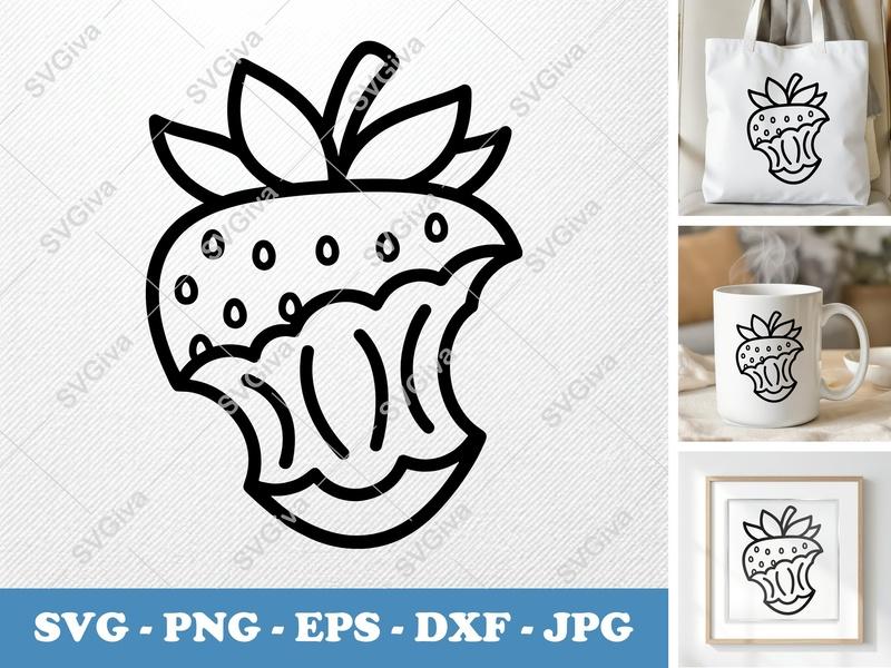 Strawberry Partially Eaten SVG | Friendly Rounded Body Bean-Shaped Cut File | PNG DXF EPS | Cricut Silhouette