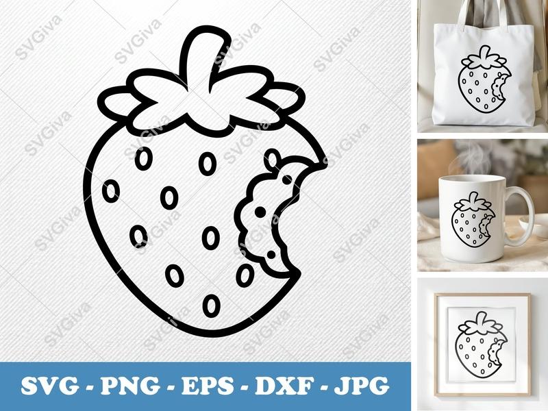 Strawberry SVG, Bitten Strawberry Outlines, Cut Files, PNG EPS DXF, Cricut Silhouette Vector Clipart, Modern Fruit