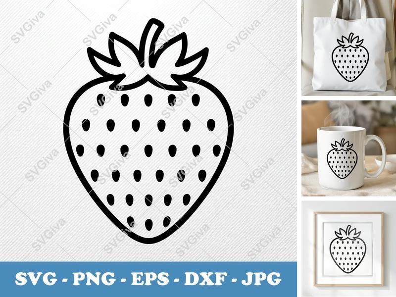 Strawberry SVG | Fresh Minimalist Cut File | Bold Contour PNG DXF EPS | Cricut Silhouette