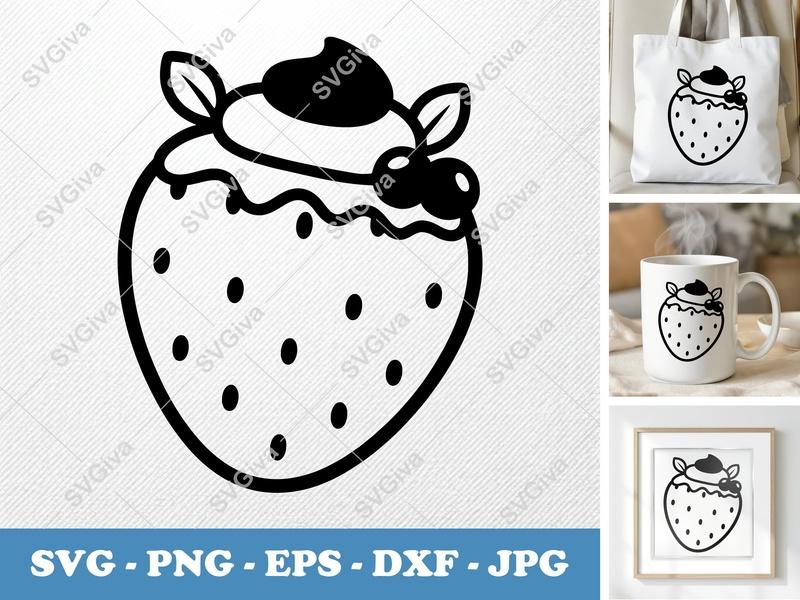 Strawberry SVG, Modern Berry Design with Cream & Leaves | PNG EPS DXF | Cricut Silhouette Cut File