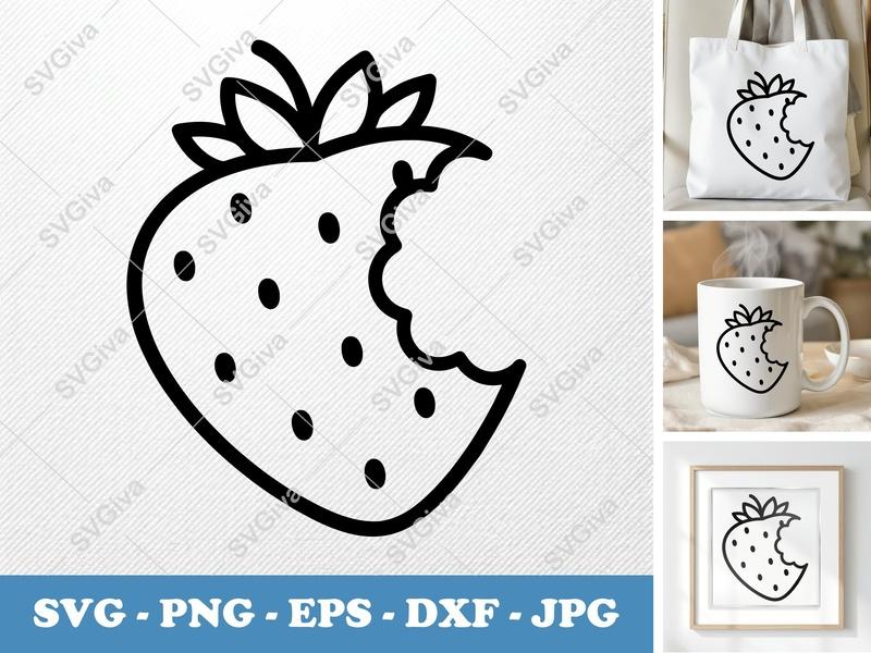 Strawberry SVG, Modern Bitten Fruit Clipart, Outline Berry Design | PNG EPS DXF for Cricut Silhouette