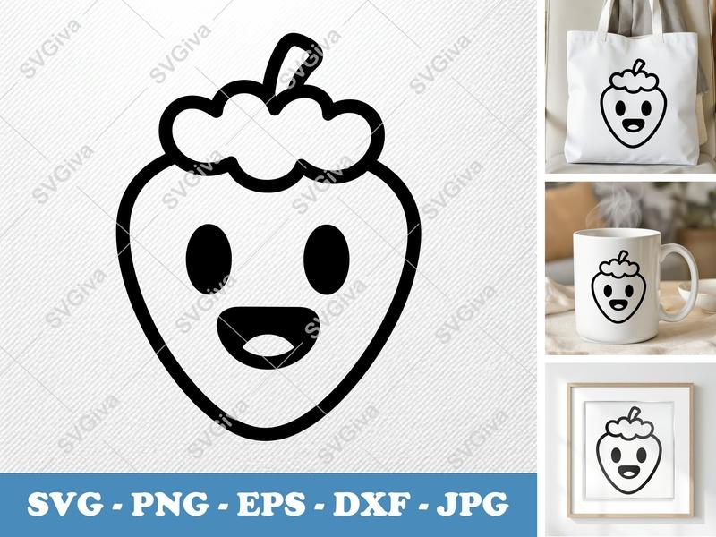 Strawberry SVG, Modern Cartoon Face | PNG EPS DXF | Cricut Silhouette File, Happy Fruit Clipart