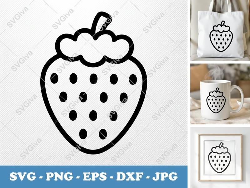 Strawberry SVG, Modern Outline Fruit, Berry Clipart | PNG EPS DXF for Cricut, Silhouette Cut File