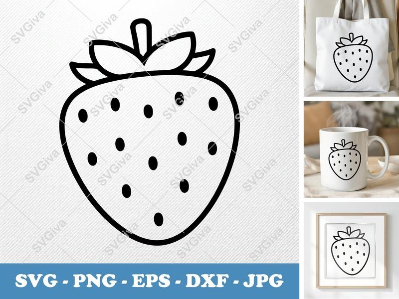 Strawberry SVG, Outline Fruit PNG, EPS, DXF | Simple Modern Berry Cut File for Cricut, Silhouette, Vector Clipart