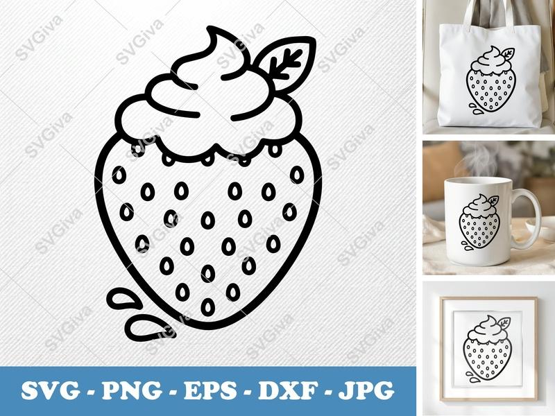Strawberry with Garnish SVG | Rounded, Friendly Bean-Shaped Cut File | PNG DXF EPS for Cricut & Silhouette