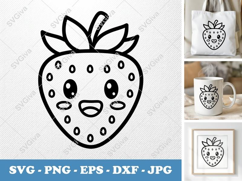 Strawberry with Smiling Face SVG | Friendly Bean-Shaped Cut File | PNG DXF EPS for Cricut Silhouette