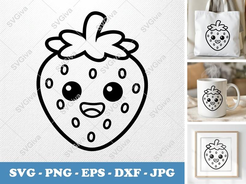 Strawberry with Smiling Face SVG | Puffy Cartoon Kawaii Design | PNG DXF EPS | Cricut Silhouette Cut File