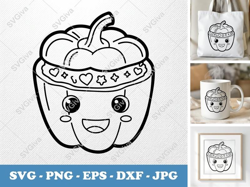 Stuffed Peppers Kawaii SVG, Cute Food PNG, EPS, DXF for Cricut & Silhouette, Happy Veggie Cut File, Modern Kitchen