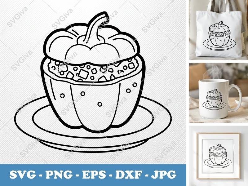 Stuffed Peppers on a Plate SVG | Double-Outline, Basic Shapes | PNG DXF EPS | Cricut Silhouette Kitchen Food Art