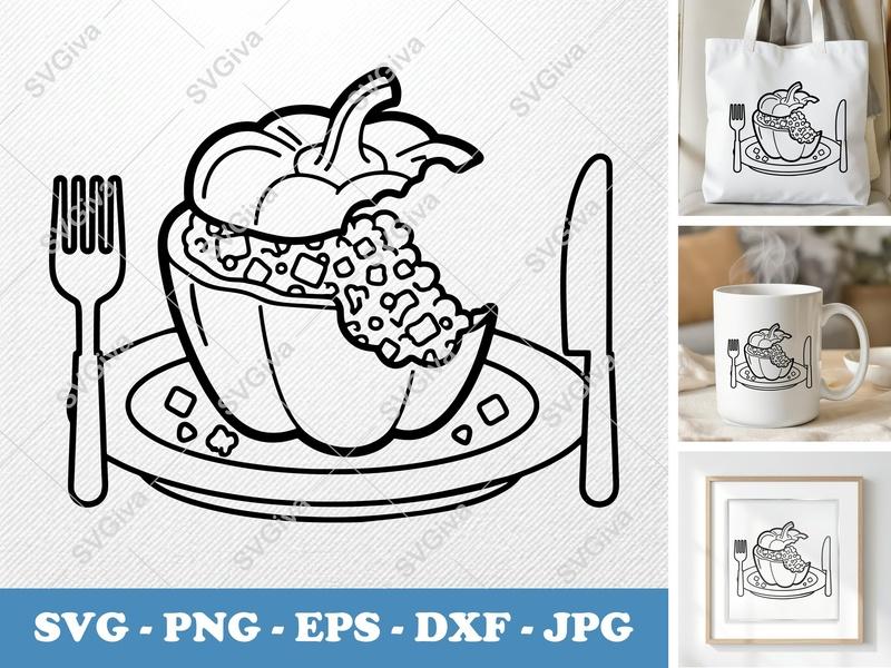 Stuffed Peppers Partially Eaten SVG | Double-Outline Minimalist Design | PNG DXF EPS | Cricut Silhouette Kitchen Food Art