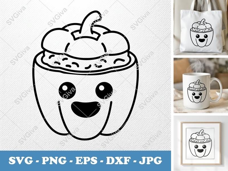 Stuffed Peppers SVG | Cute Kawaii Face Food Clipart | PNG EPS DXF for Cricut & Silhouette, Kitchen Decor, Recipe Design