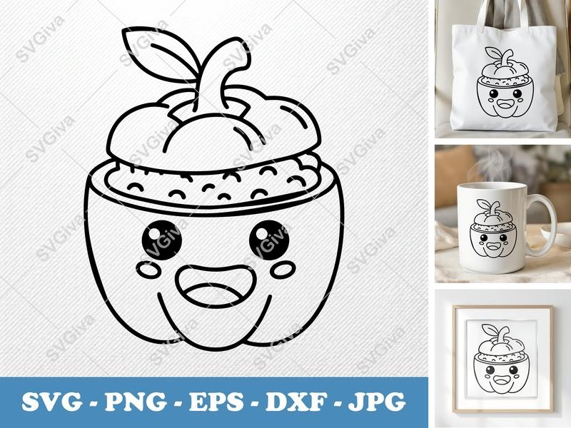 Stuffed Peppers SVG, Cute Kawaii Food Stuffed Bell Pepper with Face, Outline EPS DXF PNG for Cricut & Silhouette