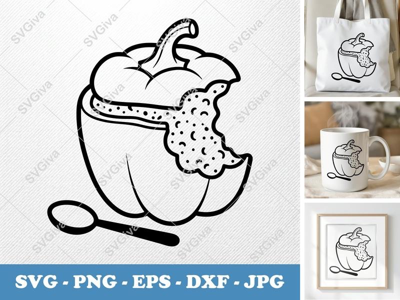 Stuffed Peppers SVG, Modern Outline Bite Mark Design, Spoon, PNG EPS DXF for Cricut & Silhouette, Kitchen Foodie Cut File